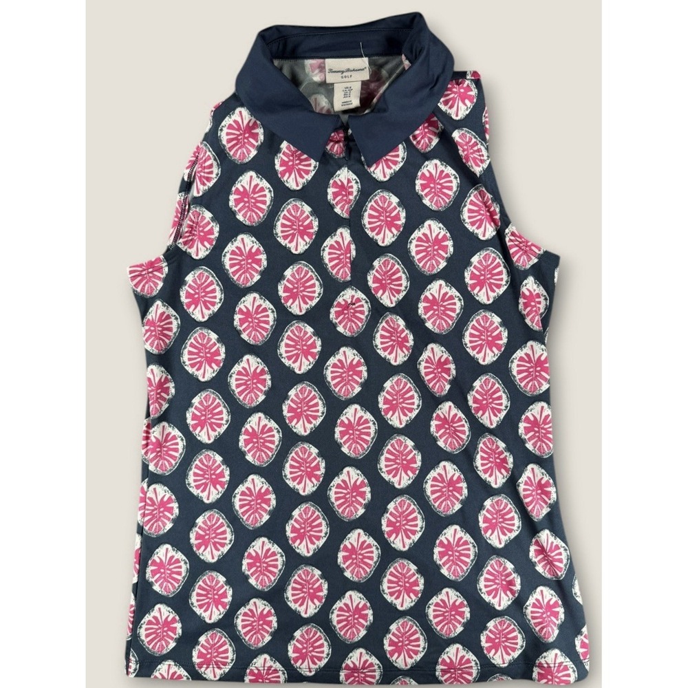 Tommy Bahama Golf Sleeveless Polo Shirt Womens Small Navy Pink Tropical Leaf